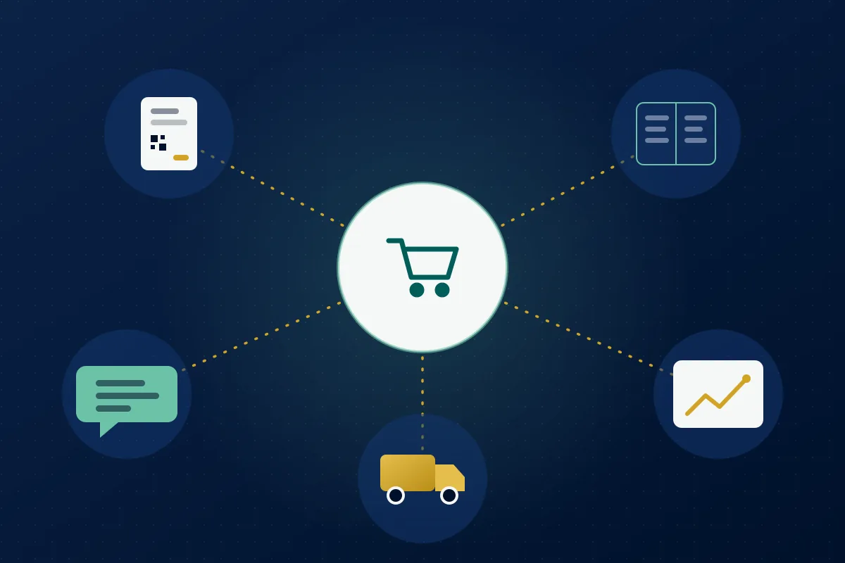 Illustration: a store in the centre connected to an e-invoice, an accounting ledger, a WhatsApp chat, a chart and a delivery truck