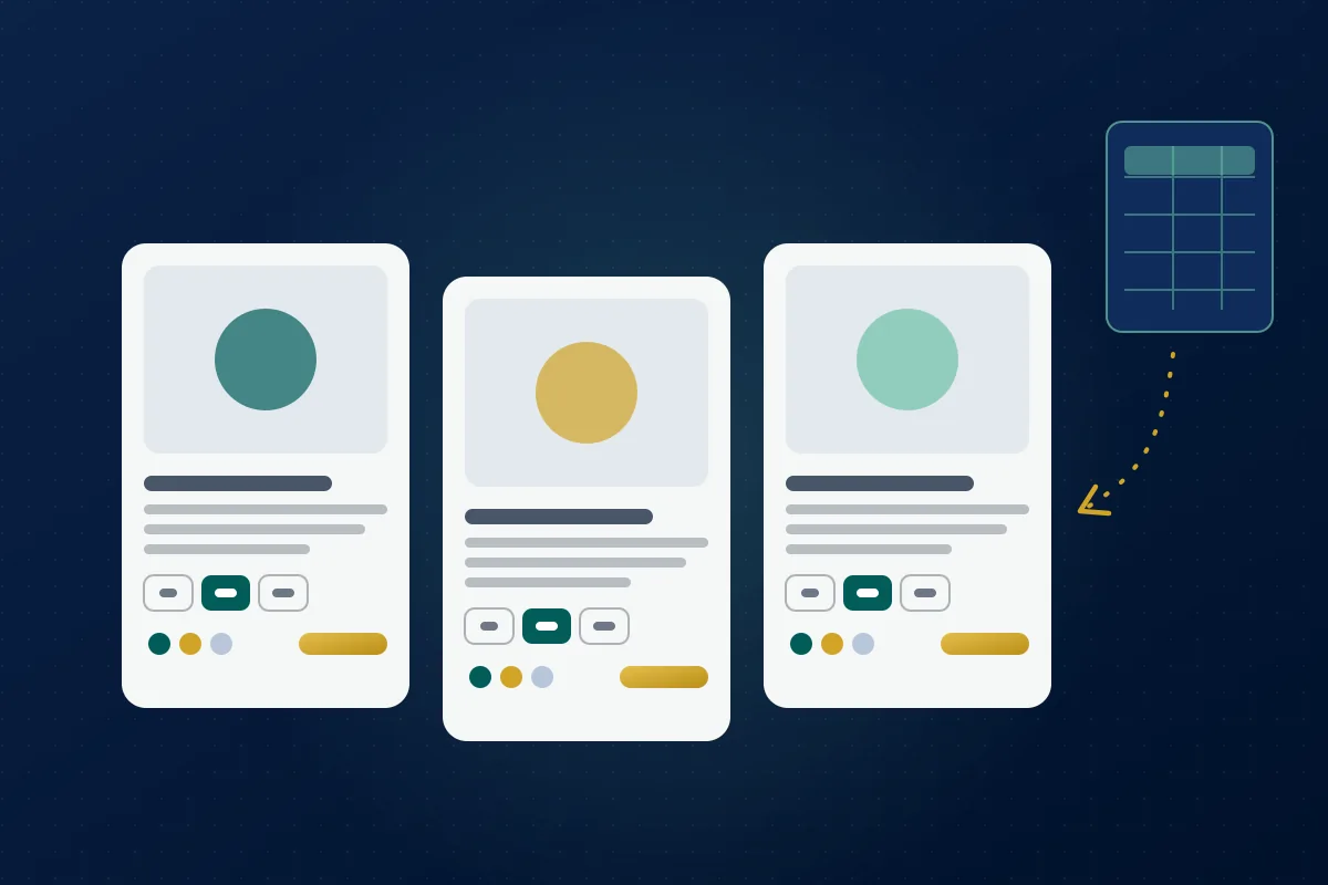 Illustration: product cards with size and colour options and written description lines, with a spreadsheet file being imported into them
