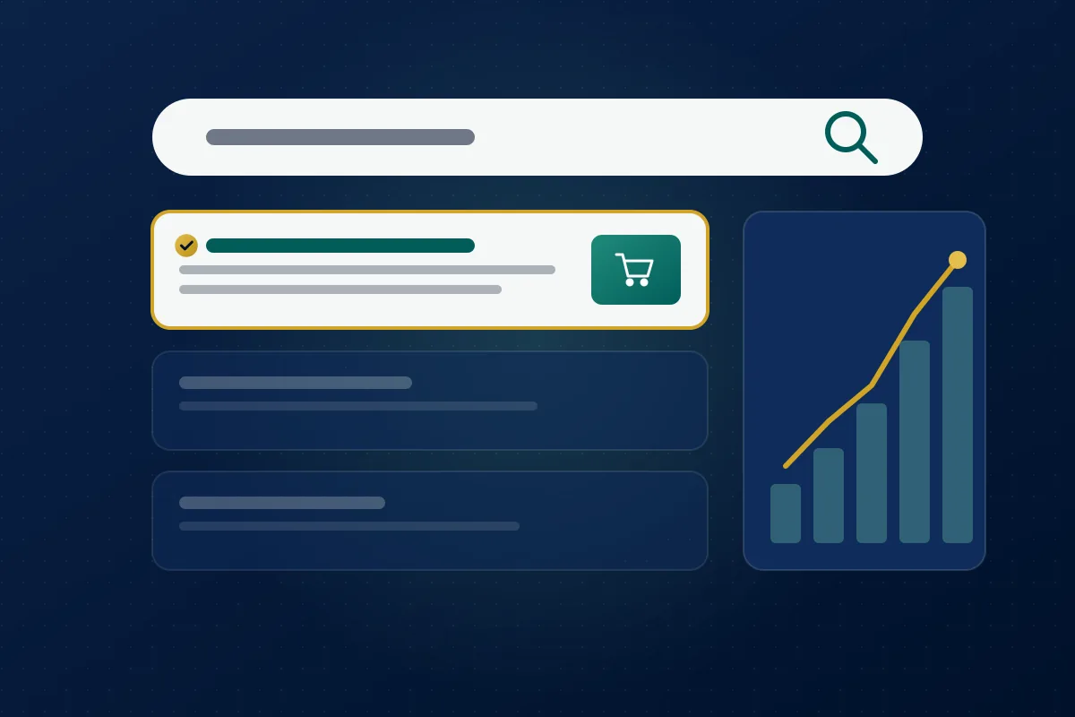 Illustration: a search bar with results topped by a store card, and a rising chart drawn in a gold line