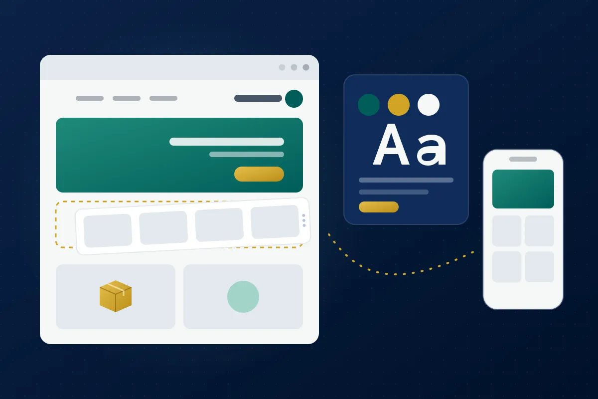 Illustration: an online storefront having its sections arranged, with a colour and font palette and a mobile preview